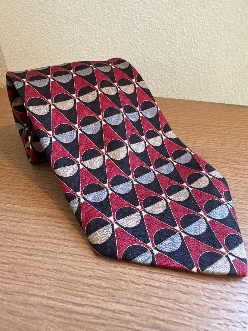 Bachrach Geometric 100% Silk Tie Burgundy Black Gray Tan
